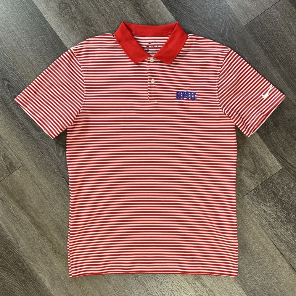SMU Mustangs Polo Shirt Mens Small Red White Striped Knit Nike Dri-Fit NCAA